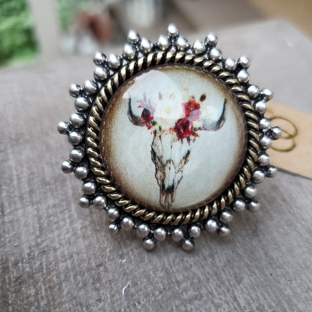 south western Cow Skull Steerhead Bubble Dome boho rustic Statement Ring  nwt